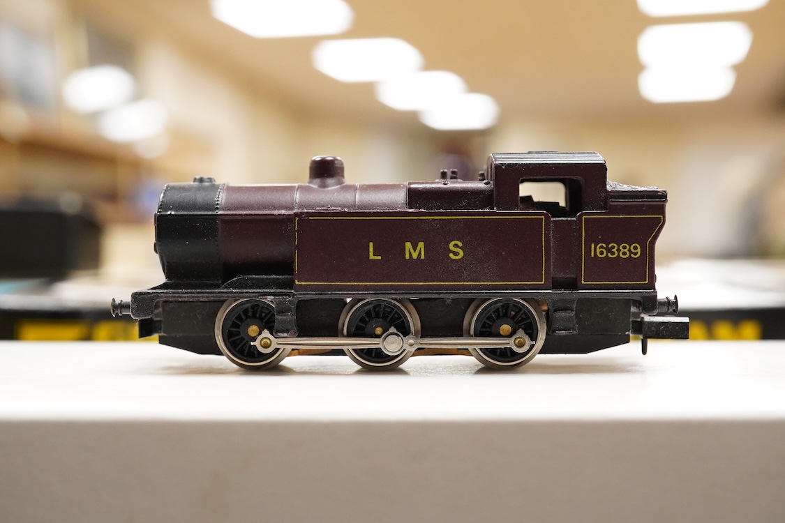 Thirteen N gauge railway by Graham Farish, etc., including two locomotives; a BR Class 4 0-6-0 tender locomotive, 4232, and an LMS 0-6-0T locomotive, 16389, together with two bogie coaches, eight freight wagons, and a Pe